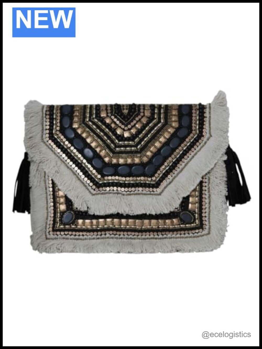 Beaded Bohemian Crossbody Bag with Chain Strap - Envelope Clutch